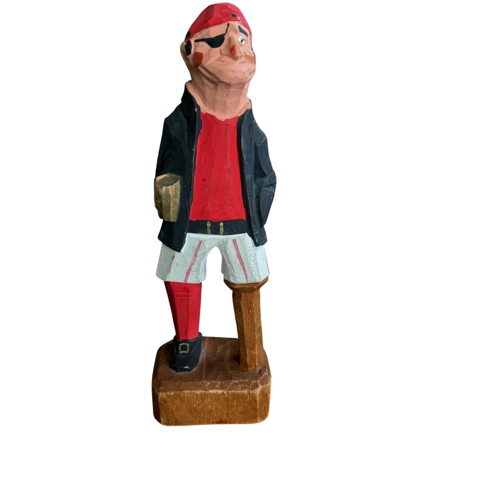 Vintage Hand Carved Wood Pirate Figurine Peg Leg Eye Patch Folk Art Statue